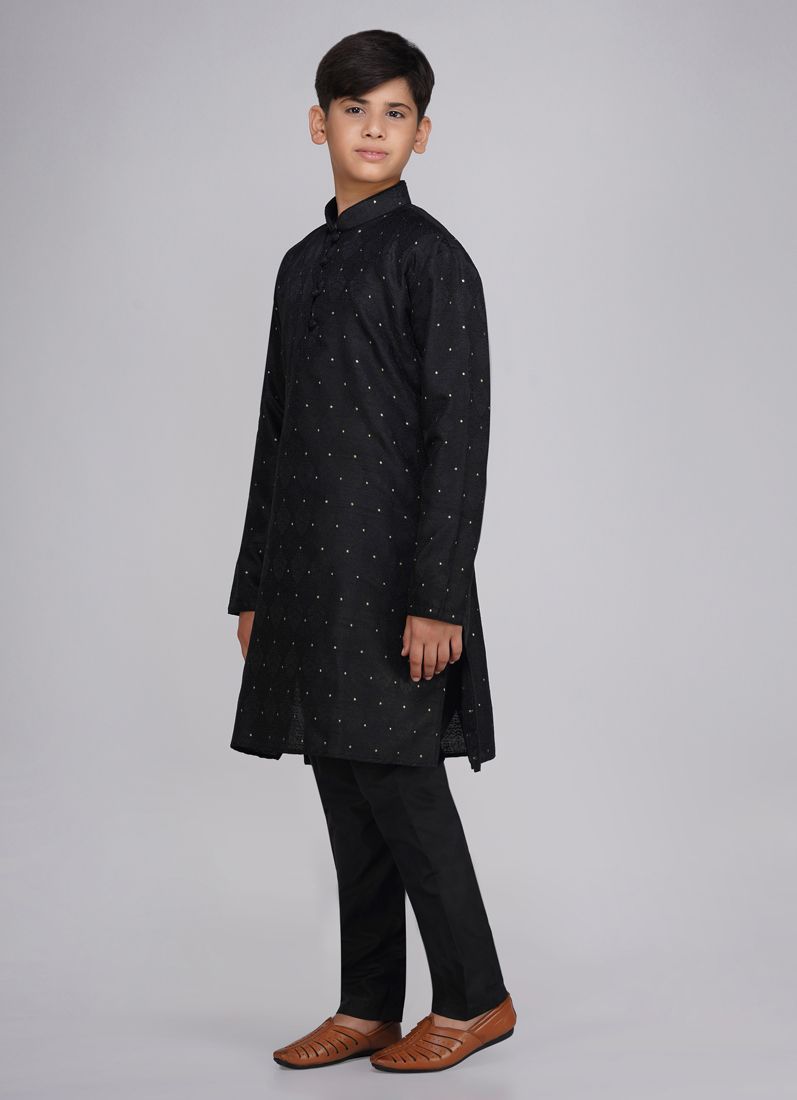 Buy Boy's Black Resham Brocade Kurta Set
