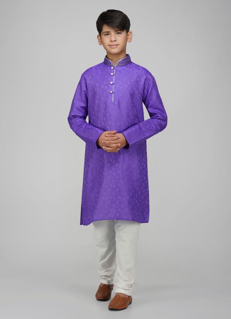 Buy Boy's Navy Blue Resham Brocade Kurta Set