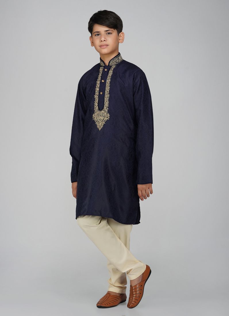 Buy Boys Navy Blue Embroidered Kurta Pajama Set