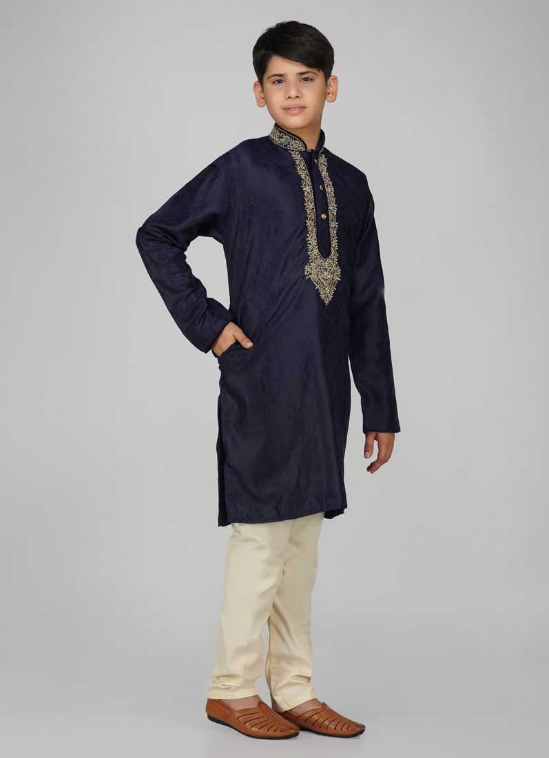 Buy Boys Navy Blue Embroidered Kurta Pajama Set