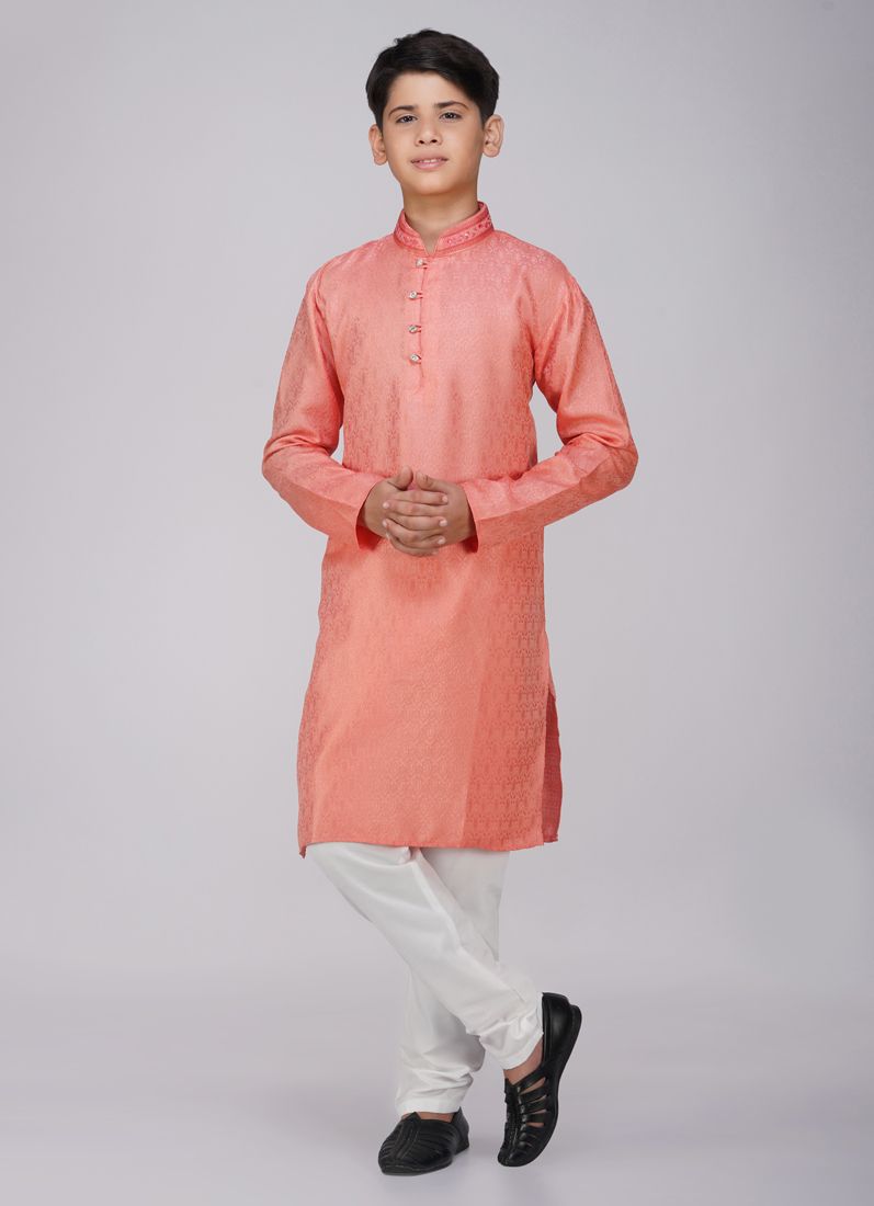 Buy Boys Orange Resham Embroidered Kurta Set