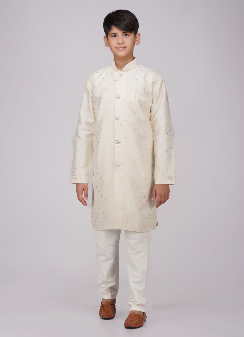 Buy Boys Beige Brocade Semi Sherwani Set