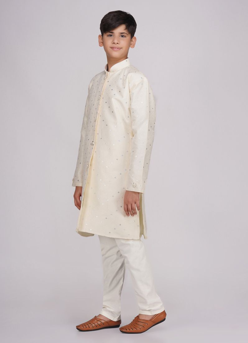 Buy Boys Beige Brocade Semi Sherwani Set