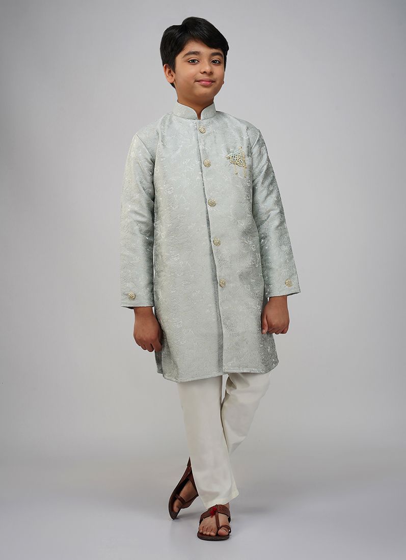 Buy Boys Grey Brocade Semi Sherwani Set