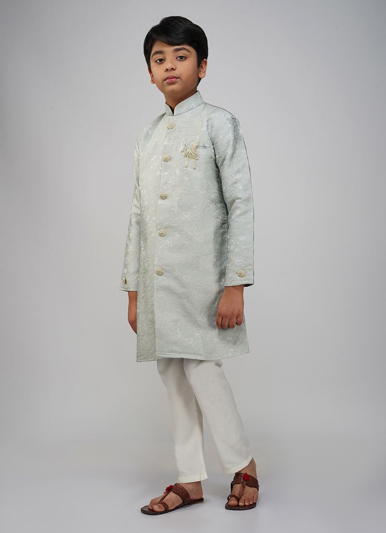 Buy Boys Grey Brocade Semi Sherwani Set