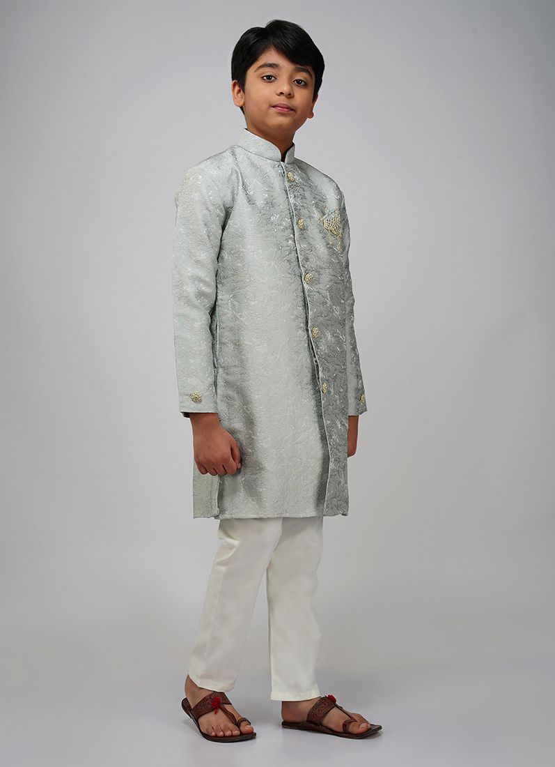 Buy Boys Grey Brocade Semi Sherwani Set