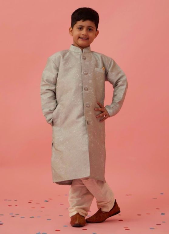 Buy Boy's Light Blue Poly jacquard Shervani Pajama Set