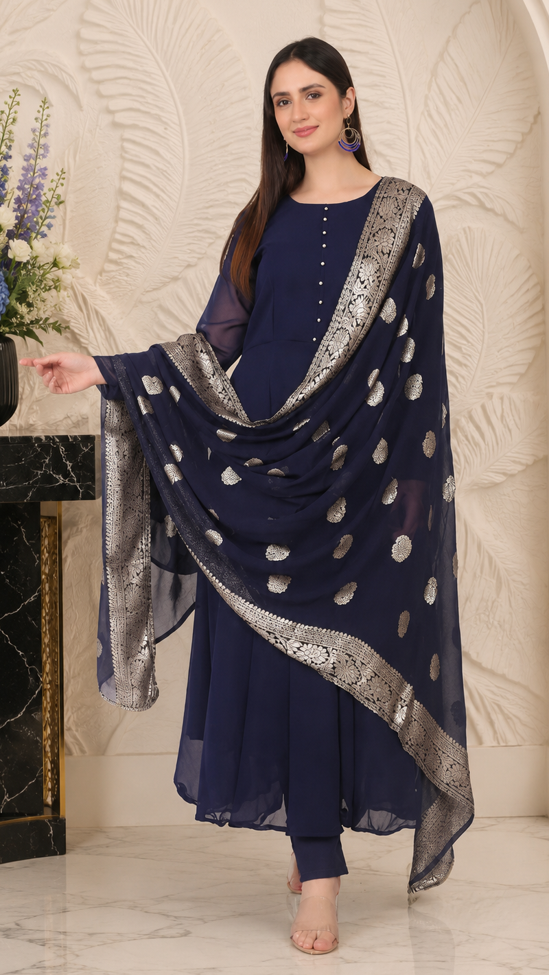 Navy Blue Georgette Bias Cut Suit Set