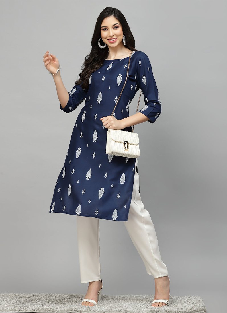 Buy Blue Rayon Straight Cut Kurti