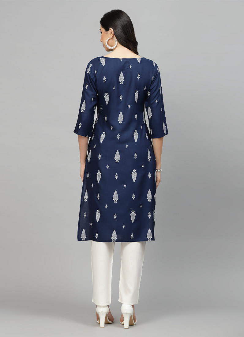Buy Blue Rayon Straight Cut Kurti