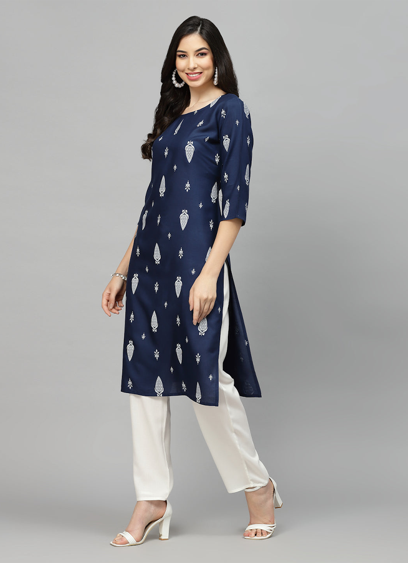 Buy Blue Rayon Straight Cut Kurti
