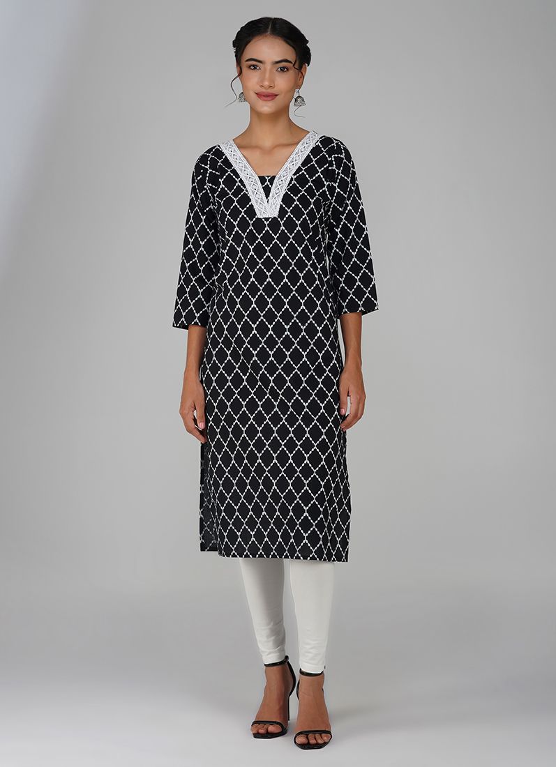 Buy Black Cotton Criss Cross Printed Kurti