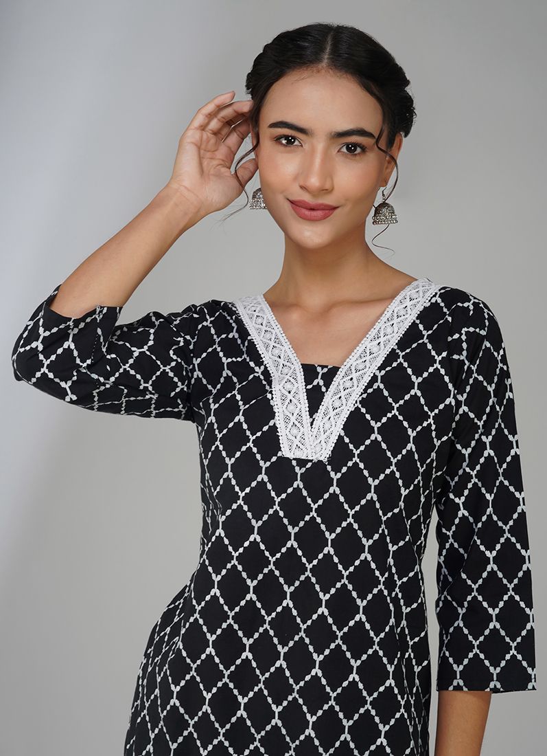 Buy Black Cotton Criss Cross Printed Kurti