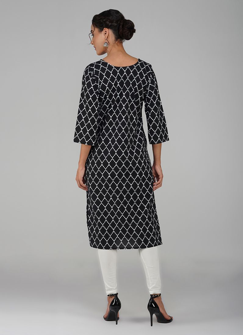 Buy Black Cotton Criss Cross Printed Kurti