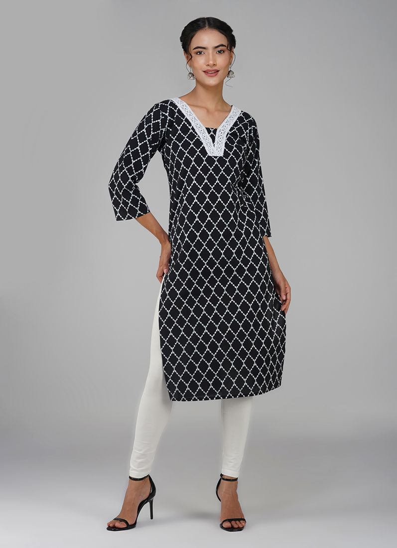 Buy Black Cotton Criss Cross Printed Kurti