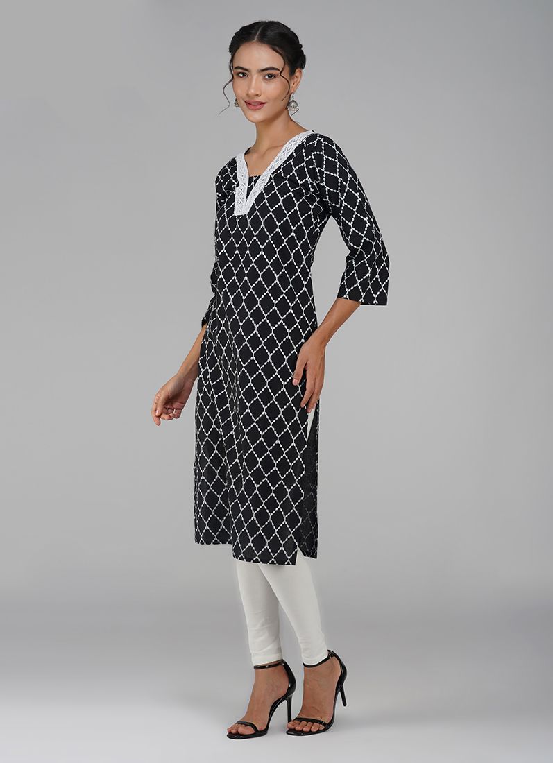 Buy Black Cotton Criss Cross Printed Kurti