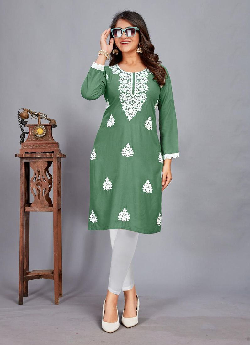 Buy Green Rayon Thread Work Kurti Top