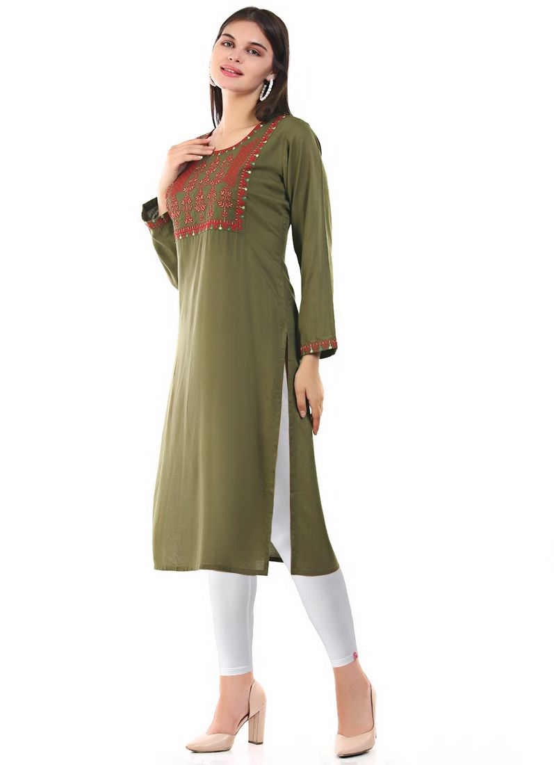 Buy Green Rayon Kurti Embroidery Top