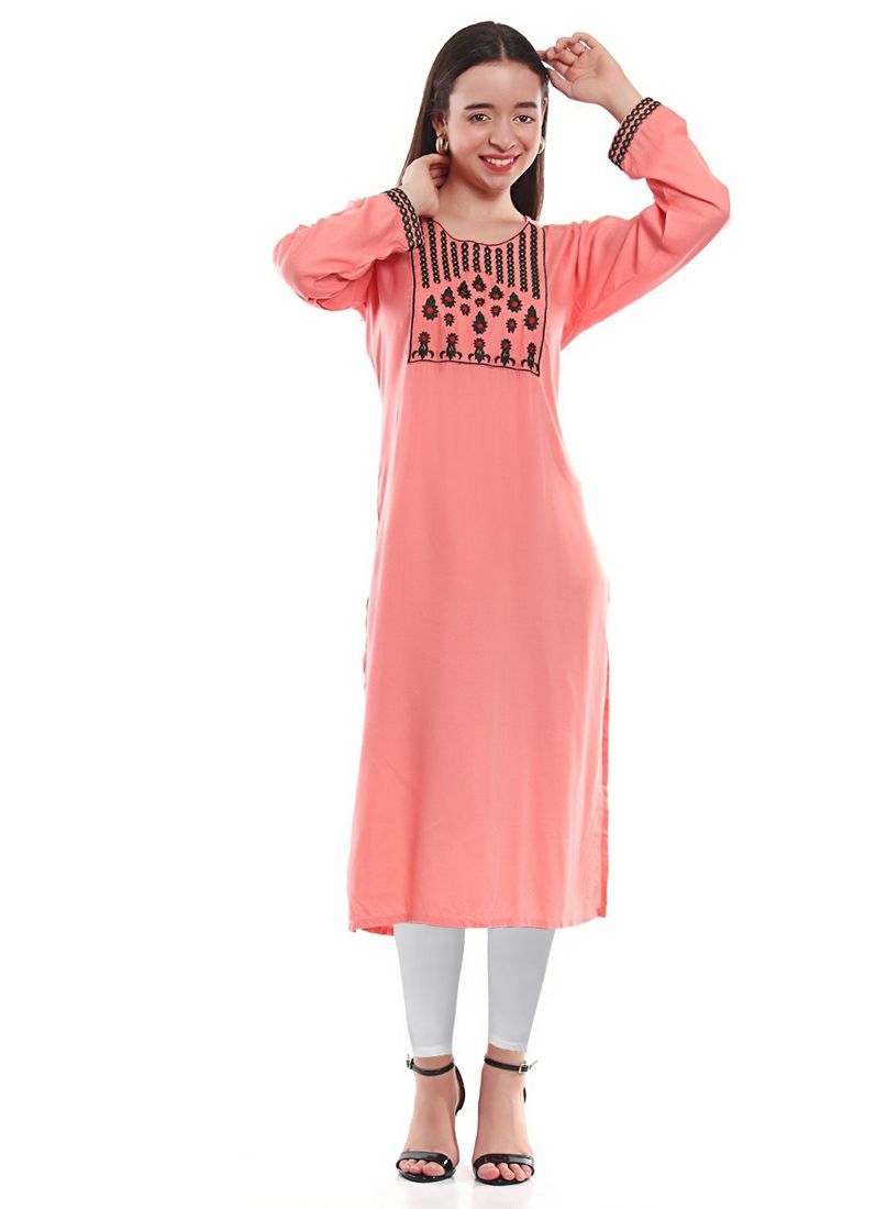 Buy Pink Rayon Straight Cut Kurti Top