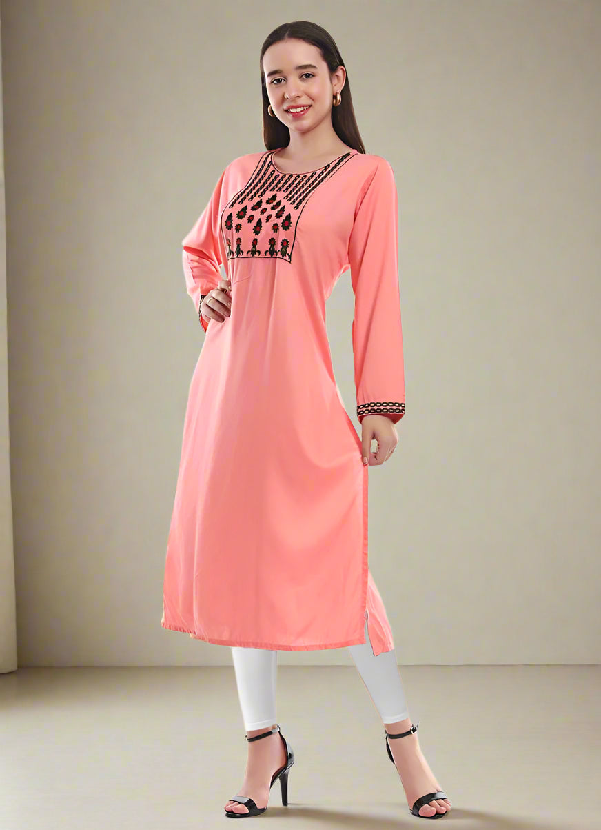 Buy Pink Rayon Straight Cut Kurti Top