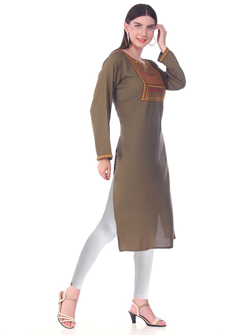 Buy Green Rayon Straight Embroidered Kurti