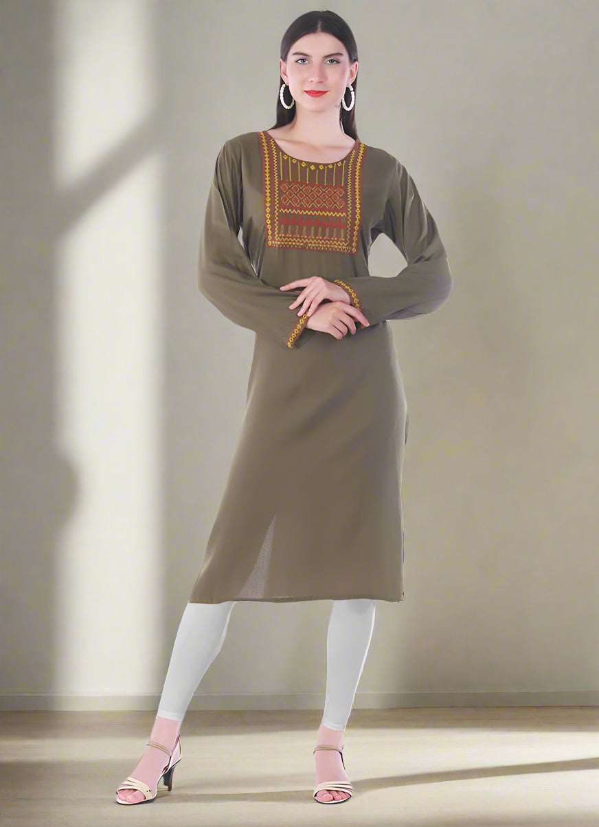 Buy Green Rayon Straight Embroidered Kurti