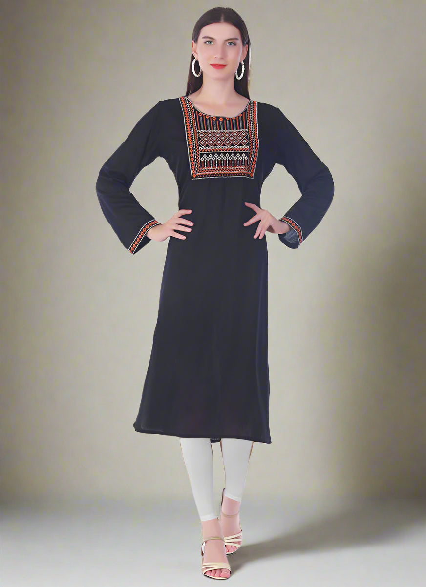 Buy Black Rayon Straight Embroidered Kurti