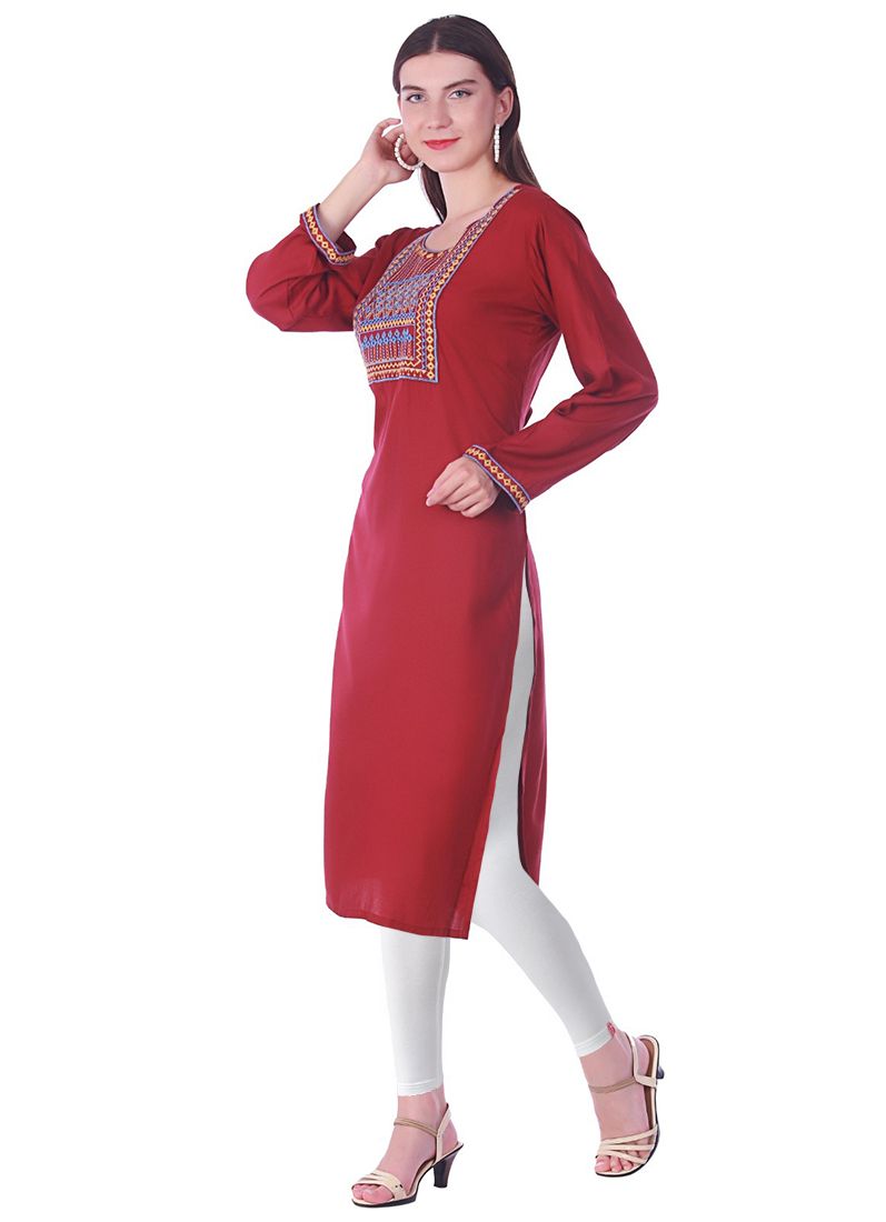 Buy Maroon Rayon Straight Embroidered Kurti