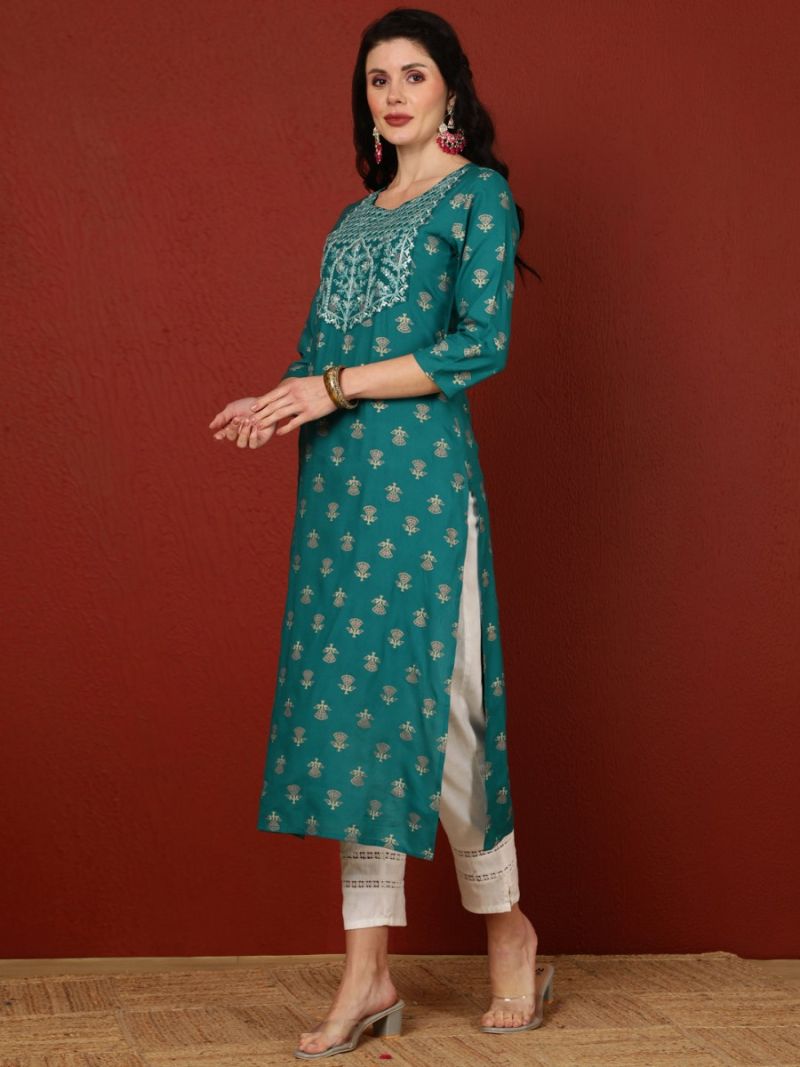 Buy Teal Printed Embroidered Kurta