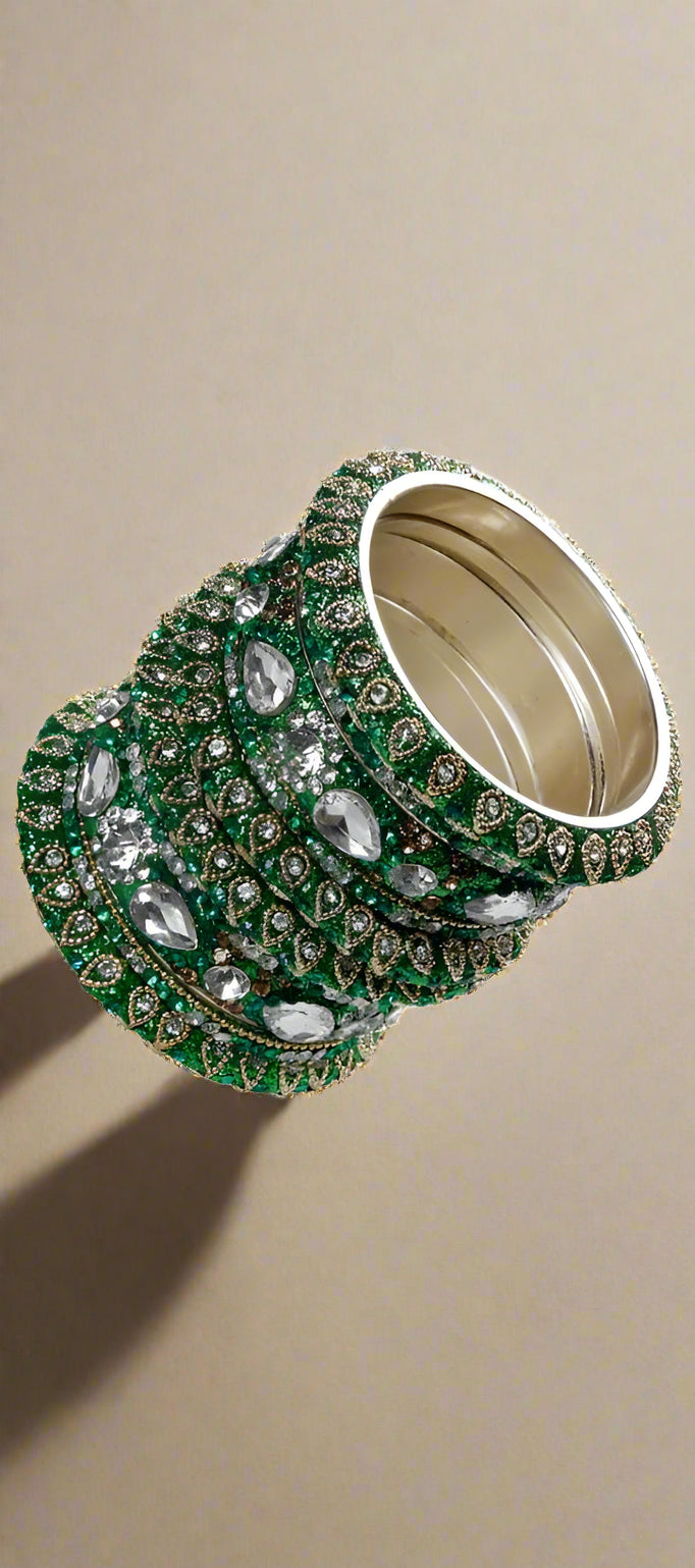 Buy Green Intricate Diamonte Bangle Set