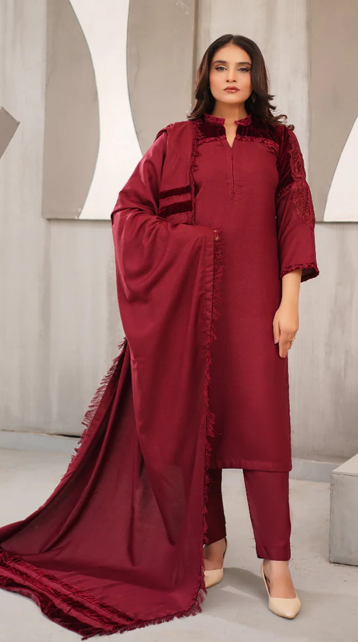 Exquisite Deep Wine Dhanak Suit Set