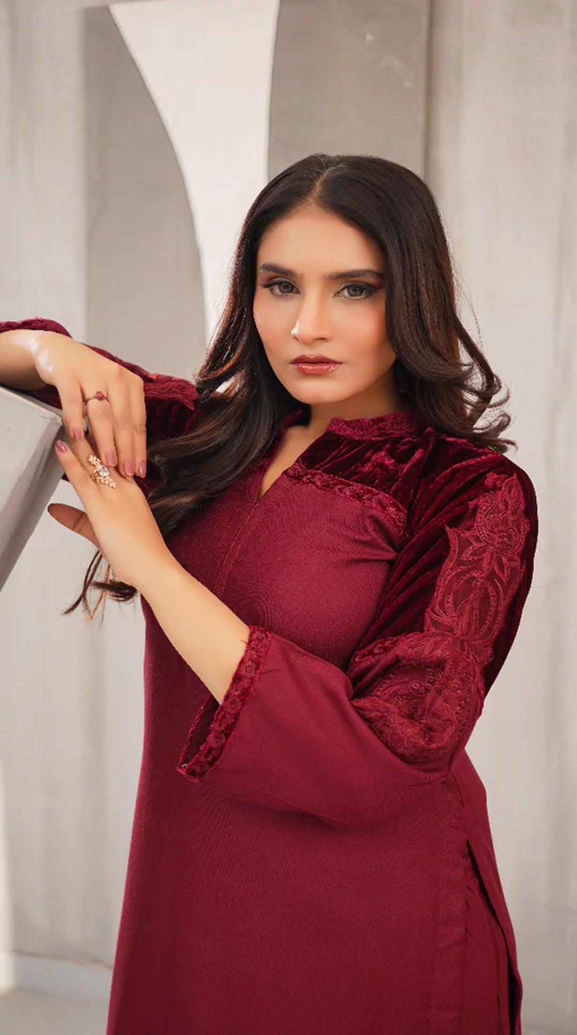 Exquisite Deep Wine Dhanak Suit Set