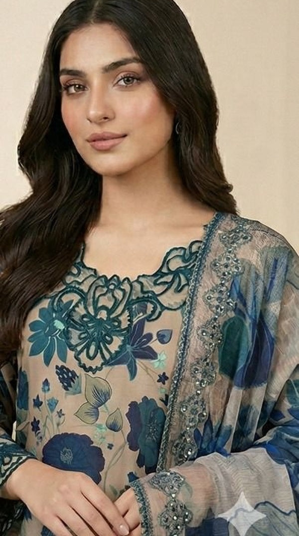 Blue Digital Print Farshi Salwar Suit with Cutwork Embroidery