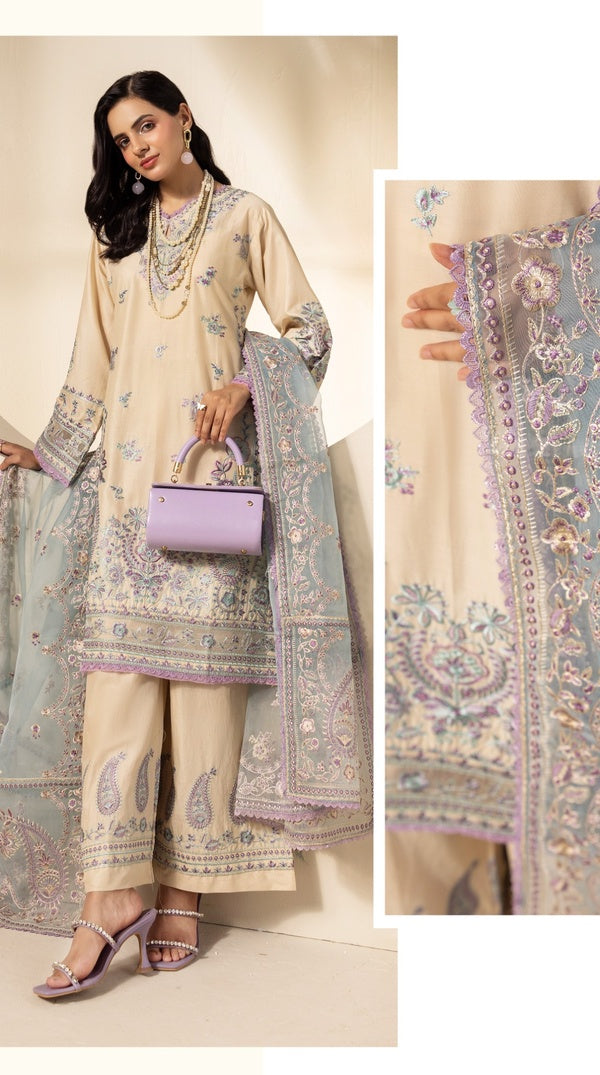 Cream Thread Embroidered Palazzo Suit with Organza Dupatta