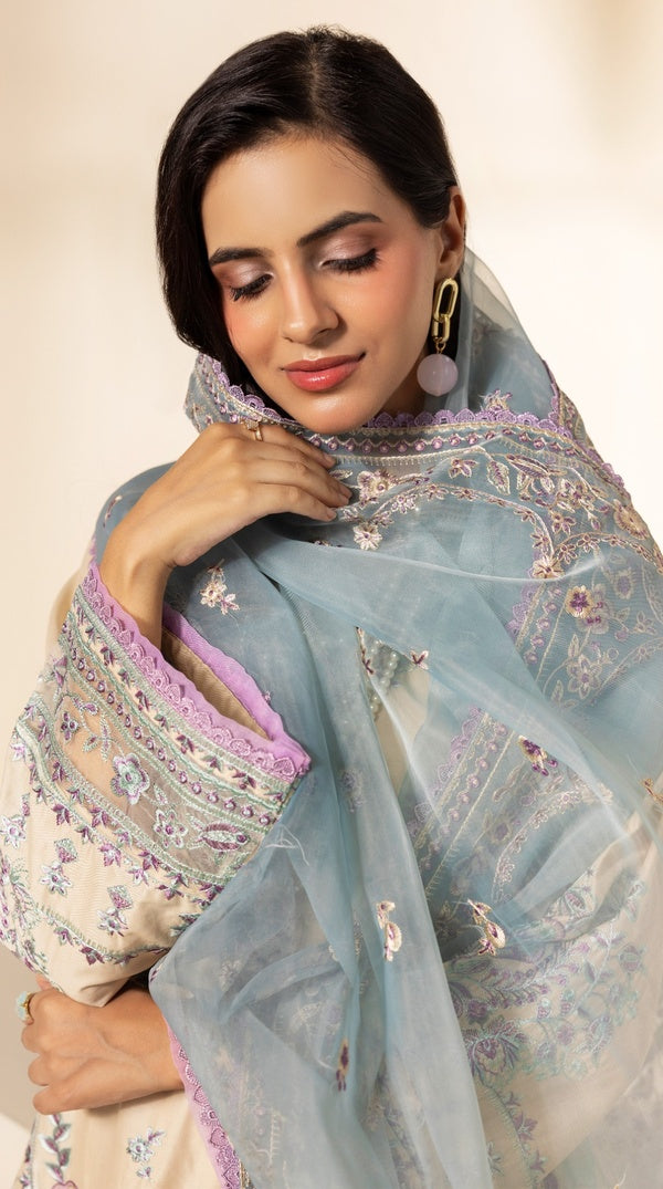Cream Thread Embroidered Palazzo Suit with Organza Dupatta