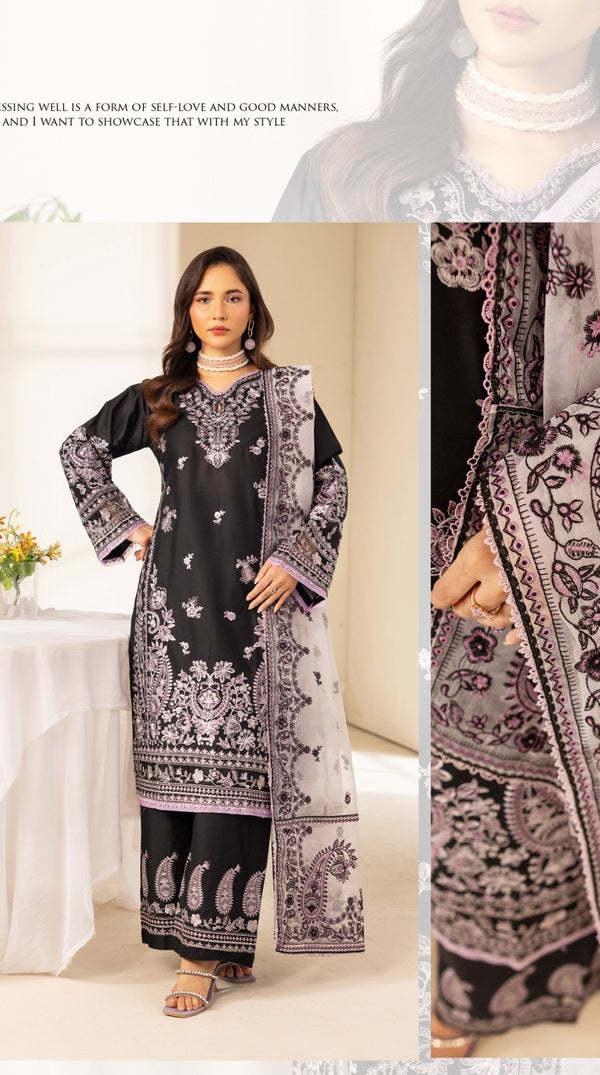 Black Linen Embroidered Palazzo Suit with Organza Dupatta
