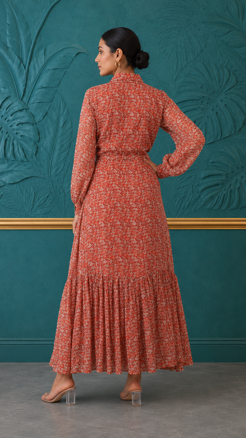 Rust orange women’s floral maxi shirt dress with long sleeves, button front and waist tie, modest Asian fashion by Diya Online