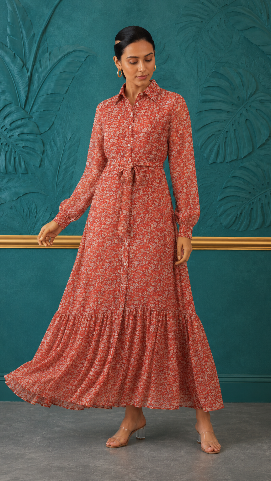 Rust orange women’s floral maxi shirt dress with long sleeves, button front and waist tie, modest Asian fashion by Diya Online