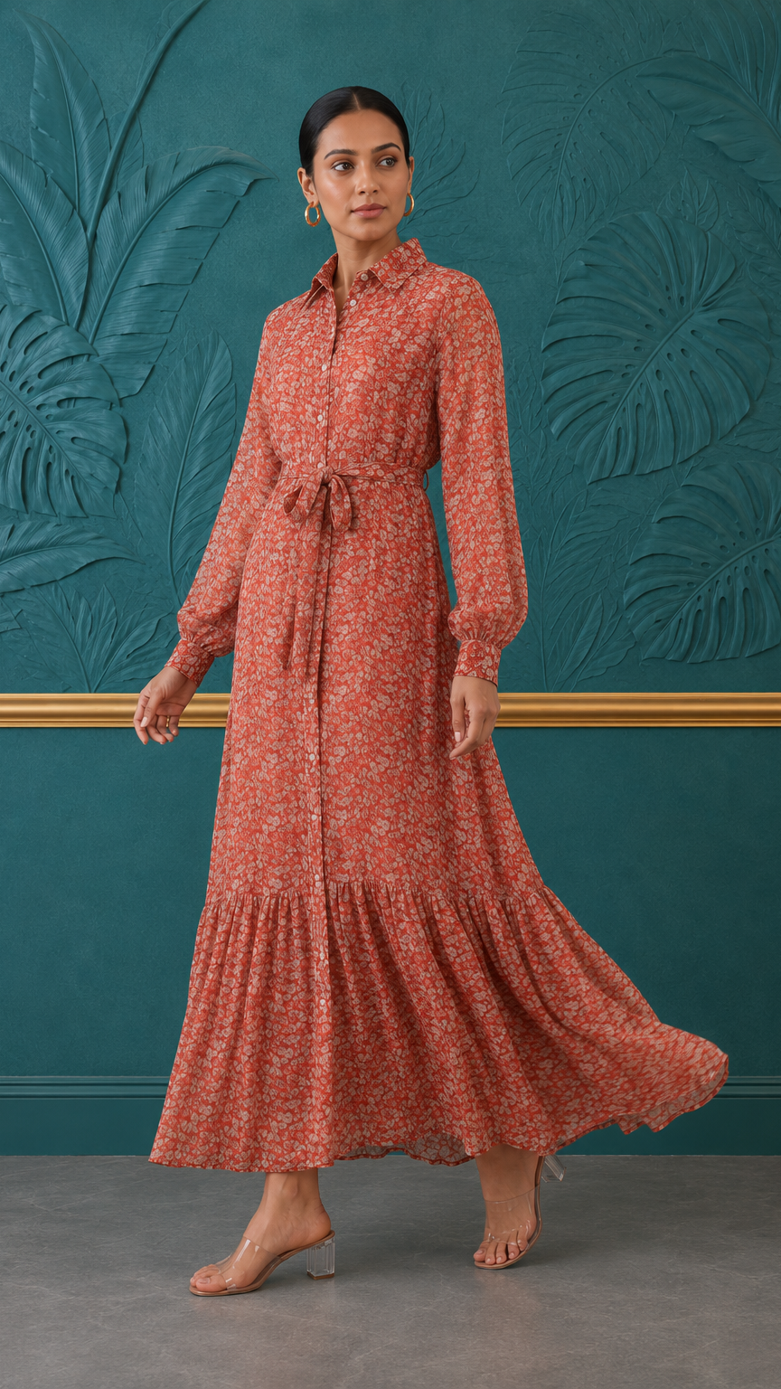 Rust orange women’s floral maxi shirt dress with long sleeves, button front and waist tie, modest Asian fashion by Diya Online