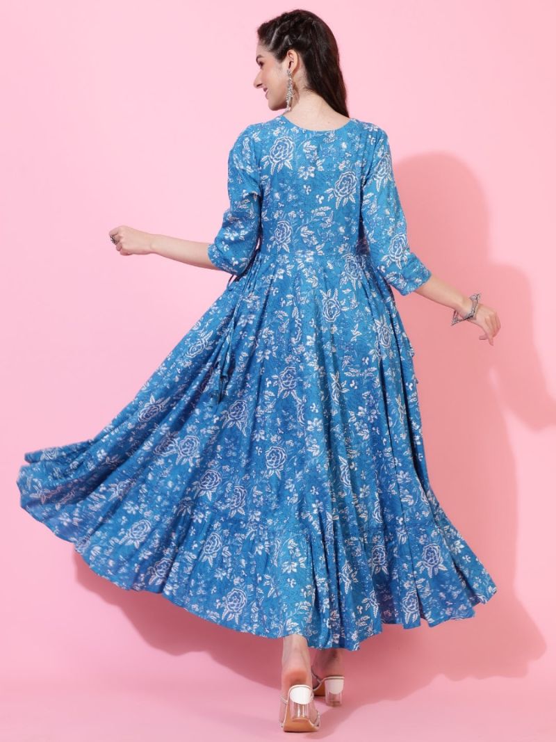 Buy Blue Rayon Bias Cut Tier Dress