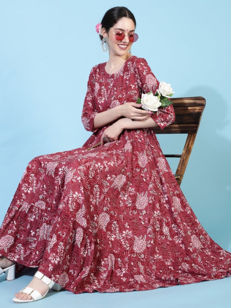 Buy Wine Rayon Bias Cut Tier Dress