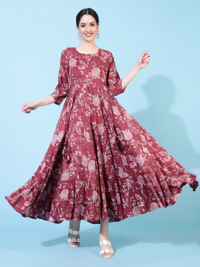 Buy Wine Rayon Bias Cut Tier Dress