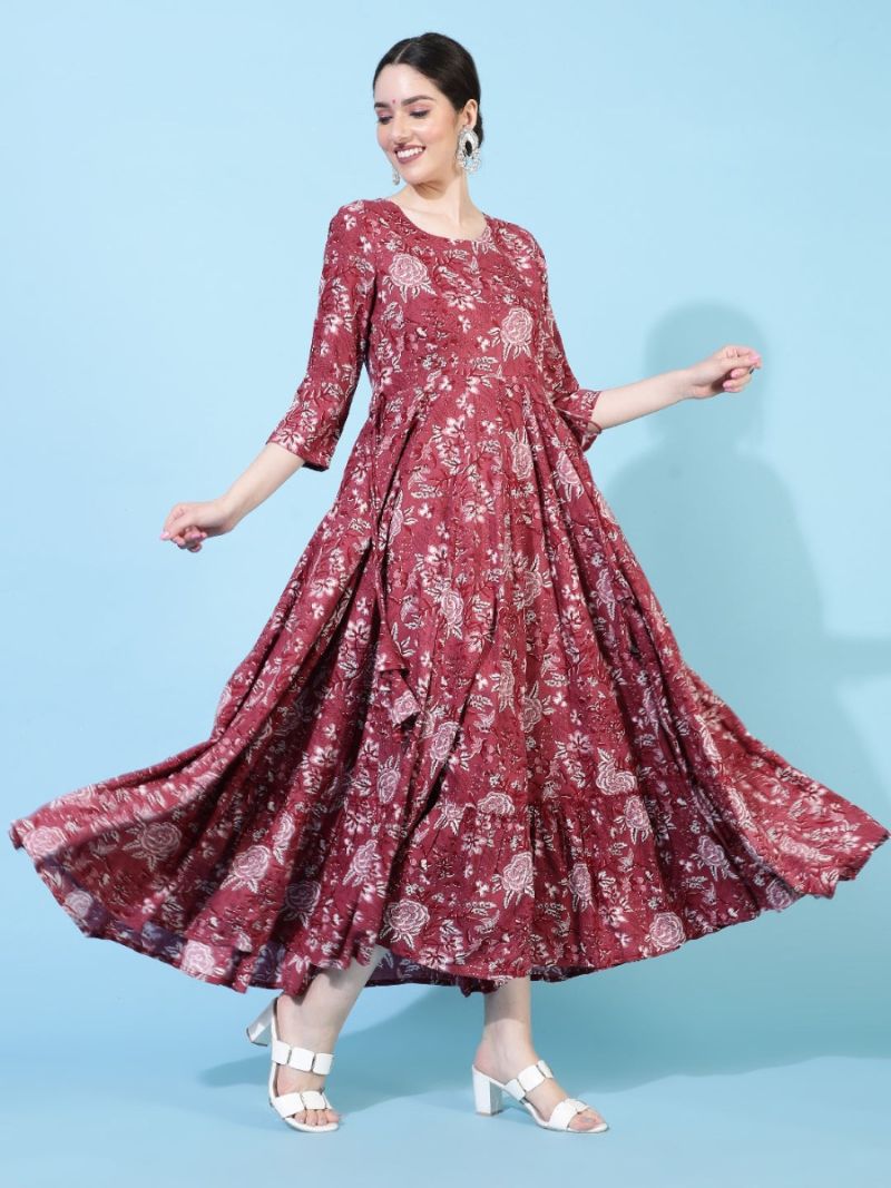 Buy Wine Rayon Bias Cut Tier Dress