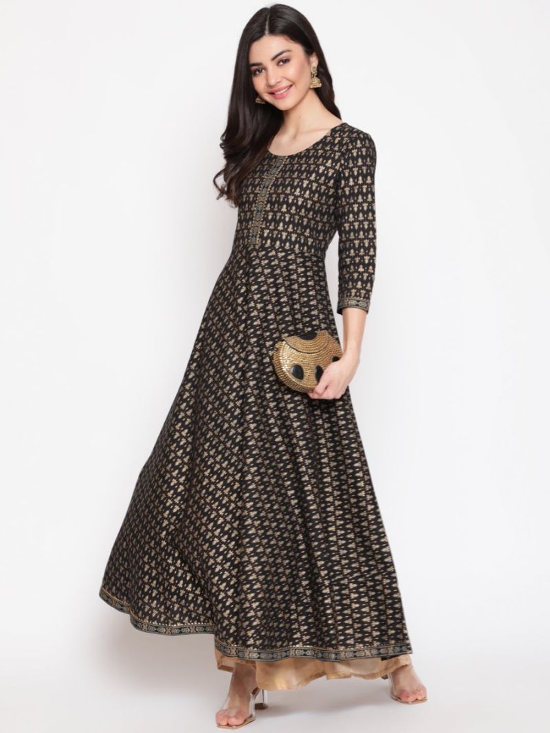 Buy Black Cotton Foil Print Dress