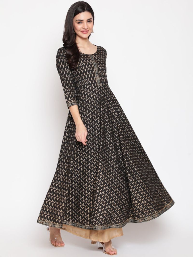 Buy Black Cotton Foil Print Dress