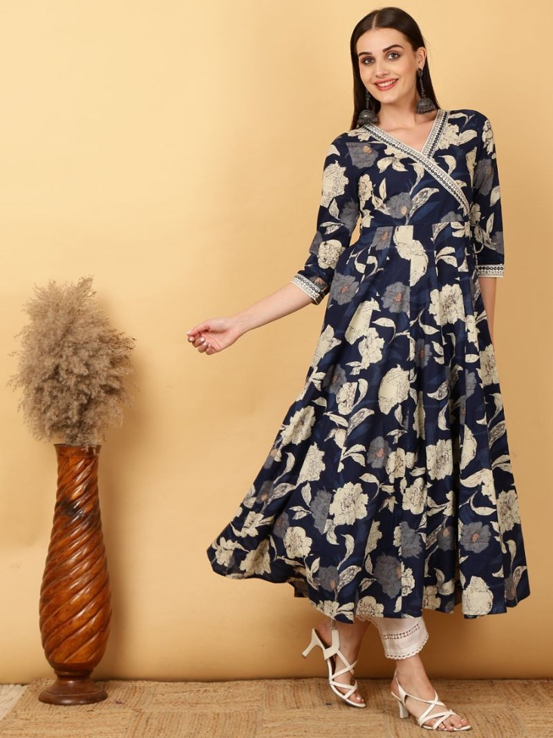 Buy Rayon Navy Blue Printed Dress
