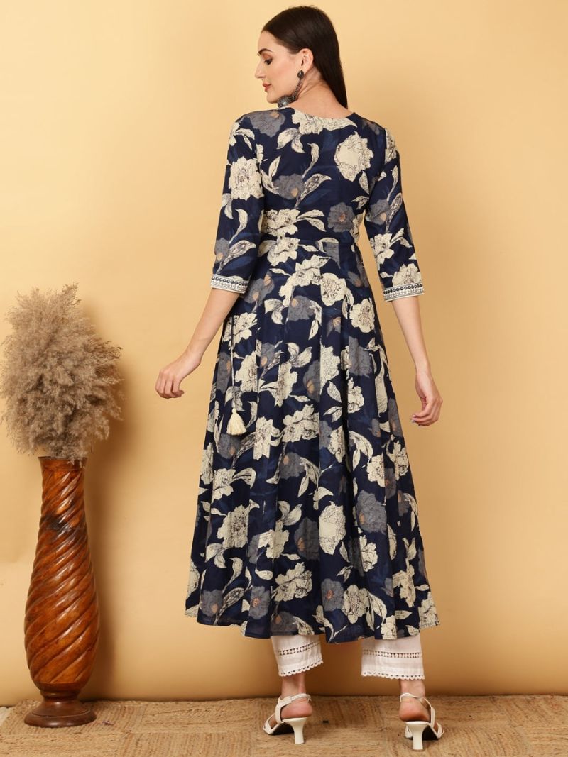 Buy Rayon Navy Blue Printed Dress