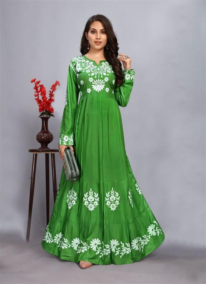 Green Rayon Bias Cut Thread Work DRESS