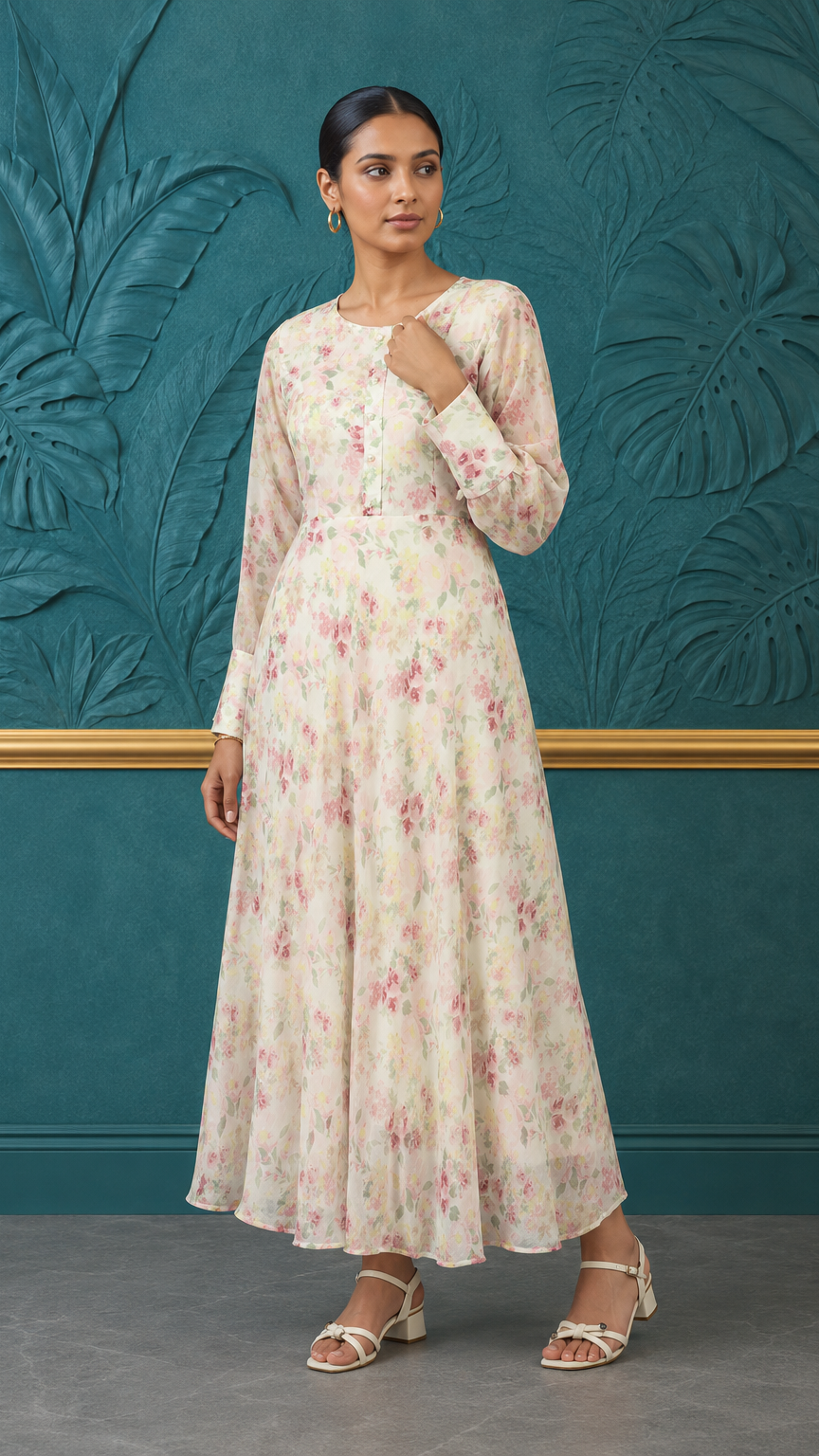 Ivory pink women’s floral printed maxi kurta dress with long sleeves and flared hem, modest Asian ethnic wear by Diya Online