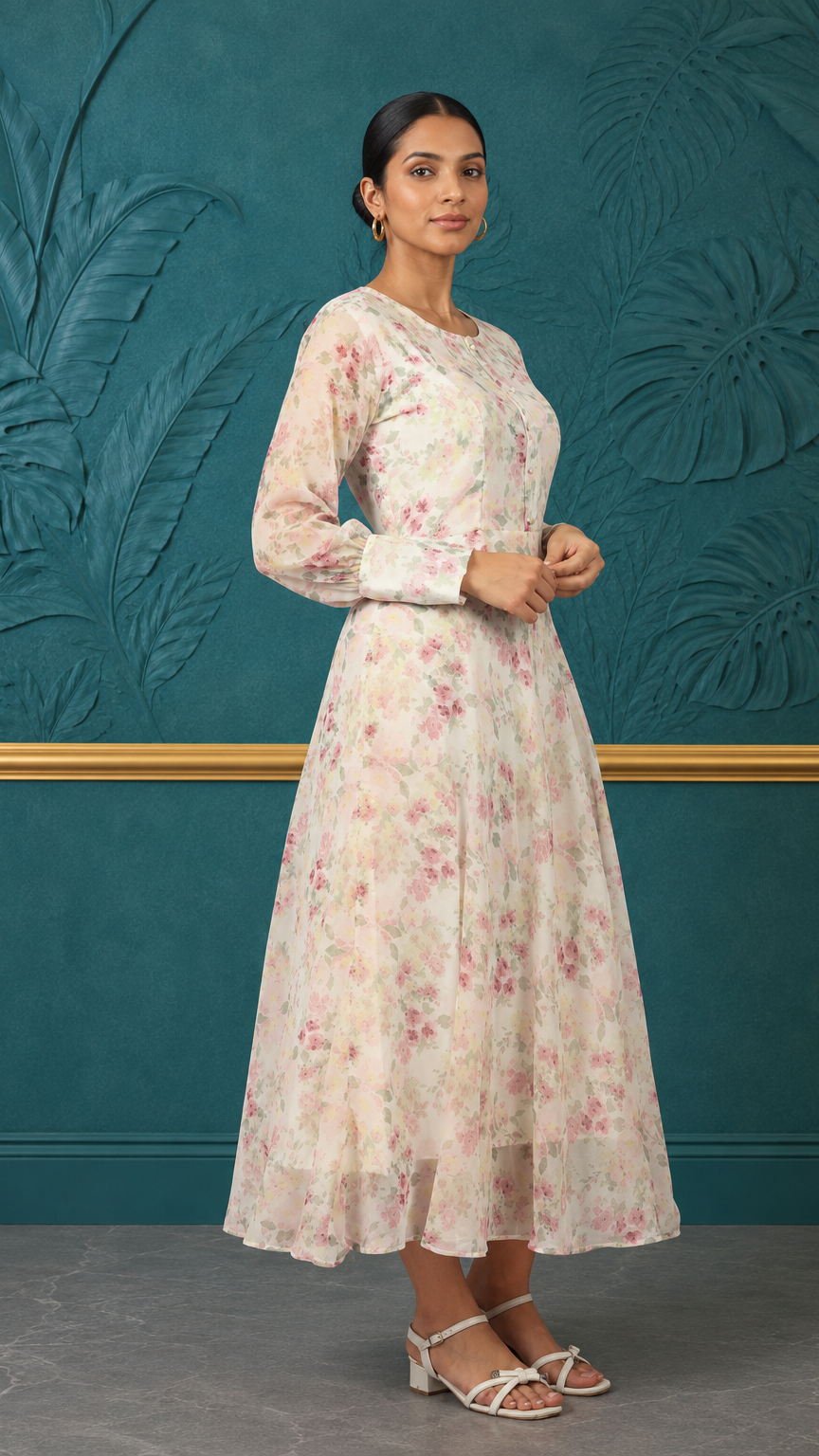 Ivory pink women’s floral printed maxi kurta dress with long sleeves and flared hem, modest Asian ethnic wear by Diya Online